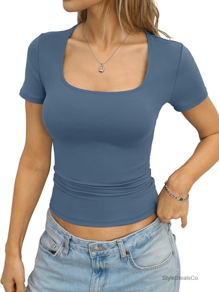 Square Neck Short Sleeve Shirt Slim Fitted Casual Basic Tee Summer Outfit